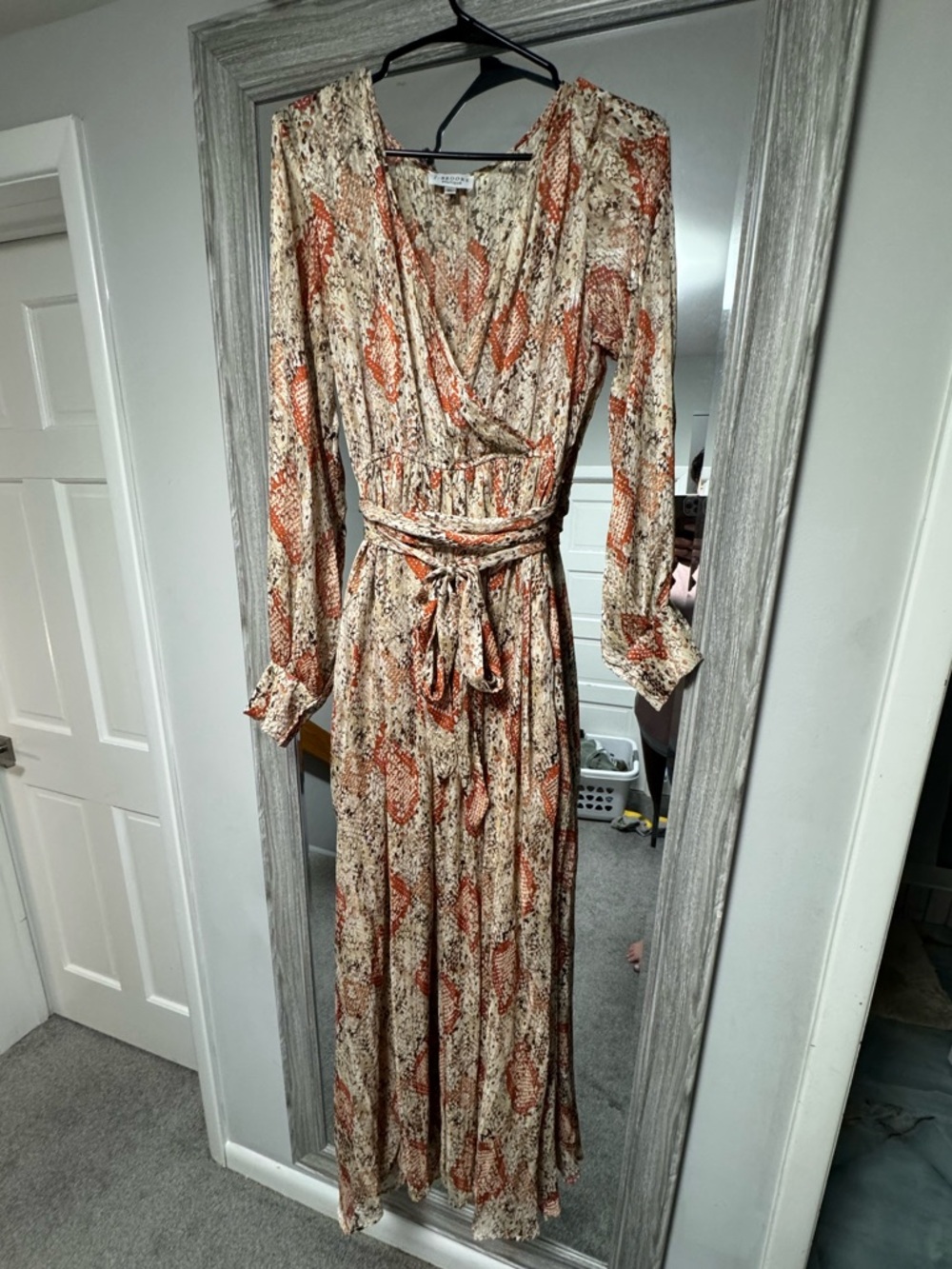 Snake-Print Wrap Maxi Dress in Beige and Rust